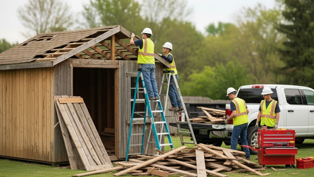 Wooden shed being dismantled by professional team