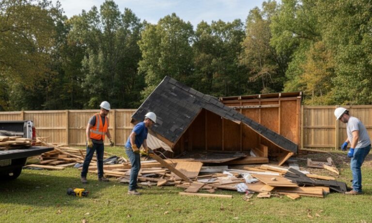 Professional team removing old shed