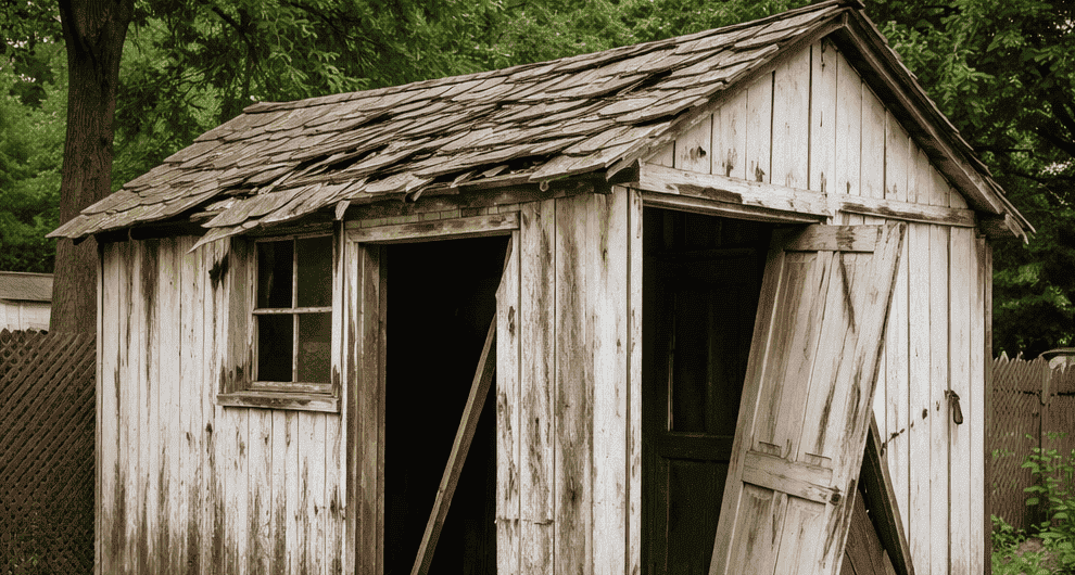 Old damaged wooden shed with sagging roof and peeling paint before professional removal in backyard