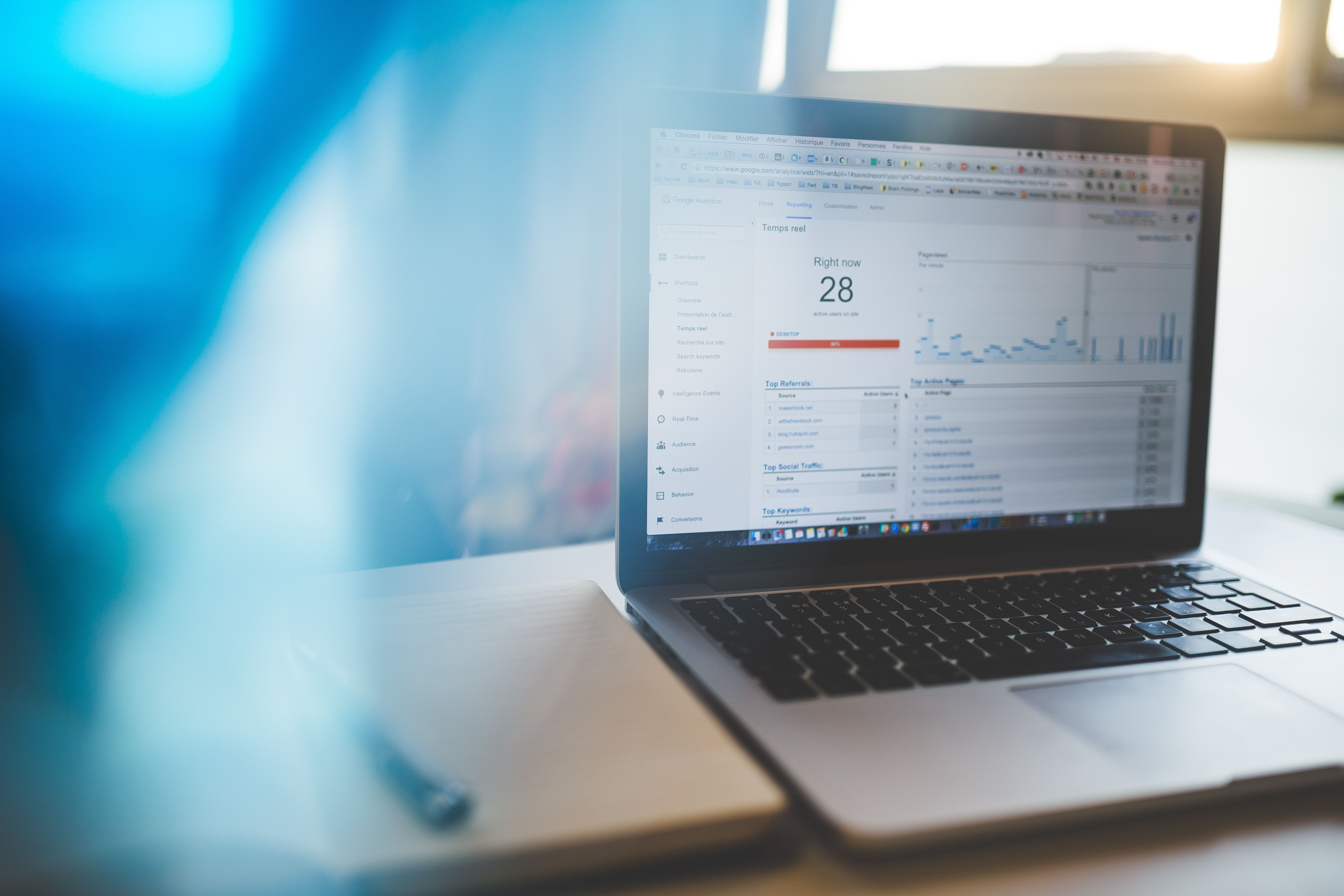 Laptop displaying Google Analytics in a modern workspace
